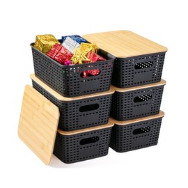 BAMBOO LAND- Plastic Storage Baskets with Bamboo Lid, 6 pcs, Black Small Storage Bins Small, Plastic Storage Basket with Lid, Pantry Storage Baskets with Lids, Storage Basket Plastic