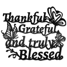 CREATCABIN Art Word Wall Sign Decor Black Metal Hanging Wall Home Decoration with Butterflies Thankful Grateful and Truly Blessed Iron Word Sculpture for Bedroom Living Room Kitchen 11.8x9.8in