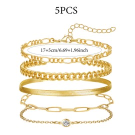GWAWG 5Pcs Gold Bracelet Set for Women, 14K Gold Plated Adjustable Stacking Bracelets Rope Cuban Figaro Herringbone Bead Chain Bracelets CZ Gold Bracelet for Women Girls