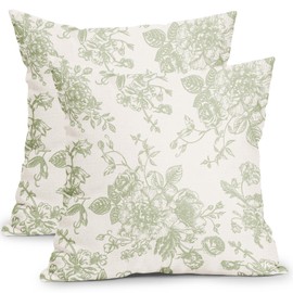 Vintage Floral Pillow Covers 20x20 Inch Set of 2 Sage Green and Cream Floral Throw Pillow Covers Chinoiserie Flower Pillowcases Rustic Farmhouse Cotton Linen Cushion Covers for Couch Bed Sofa Decor