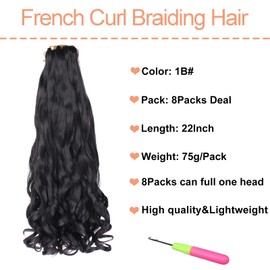 Mscat 22 Inch 8 Packs Pre Stretched French Curly Braiding Hair Loose Wave Bouncy Hair Extensions 1B#