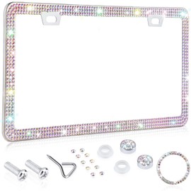 Diamond License Plate Frame,Luxury Clear Glass Crystal Rhinestone Bling License Plate Frame, Thin Border Stainless Sparkly Bedazzled License Plate Frames for Women Cute with Anti Theft Screw