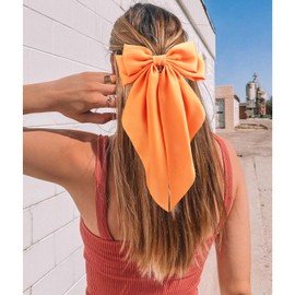 Atoden Hair Bows Silky Satin Bows for Hair Ribbons 4Pcs Coquette Oversized Long Tail Hair Bow Clips Barrettes Big Bowknot Hair Accessories for Women Girl Trendy Stuff Gifts (Yellow Orange Pink Green)