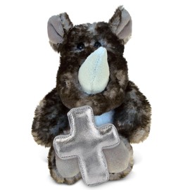 DolliBu Sitting Brown Rhino Stuffed Animal with Silver Cross and Personalization - Religious Baptism Gifts for Boys and Girls, Dedication Christening Gifts Plush Prayer Healing Teddy Bear - 5.5 Inch