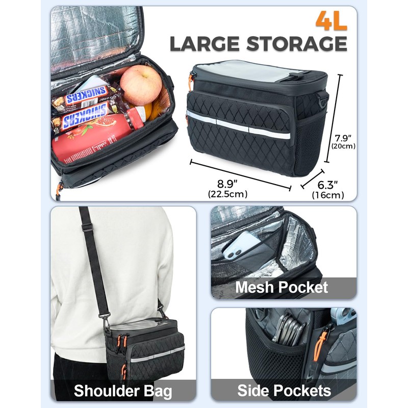 Danuosie Bike Handlebar Bag, Insulated Cooler Front Frame Bag with