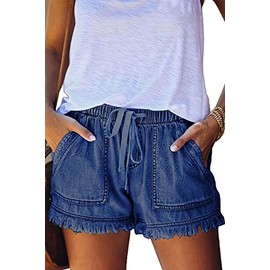 HVEPUO Women's Cotton Linen Shorts, Elastic Band Hot Pants, Summer Wide Shorts, A-navy blue