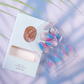 Press On Nails Almond Medium Length Colorful Fake Nails with Blue Pink Gradient Designs Glossy False Nails Acrylic Glue On Nails Full Cover Reusable Stick On Nails for Women Girls DIY Manicure 24pcs