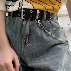 Lamerry Belt, Junior High School Students, Boys, Chain, Stylish, Leather, Cool, Double Pins, 2 Chains, Students, Boys, Teens, 41.3 inches (105 cm), Black, Black