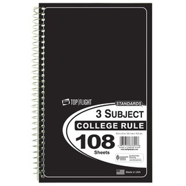 Top Flight Standards 3-Subject Wirebound Notebook, 108 Sheets, College Rule, 9.5 x 6 Inches, 1 Notebook, Cover Color May Vary (33601)