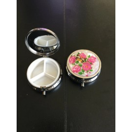 PILL BOX 1 Round Compact Metal pill box With 3  Compartments, 1.8" Dia. Assorted Designs