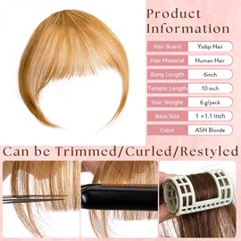 Clip in Bangs 100% Real Human Hair Extensions Wispy Bangs for Women French Bangs Fake Bangs Clip on Bangs Faux Hair extensions Fringe with Temples (B-Ash Blonde2, French Bangs)