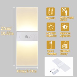 DTIEDY Set of 2 Battery Operated Wall Sconce 10.6in/4.5W Wireless Motion Sensor Wall Light with Switch 2 Mode Dimmable Rechargeable Magnetic LED Wall Lamp for Hallway Bedroom Living Room, Warm White
