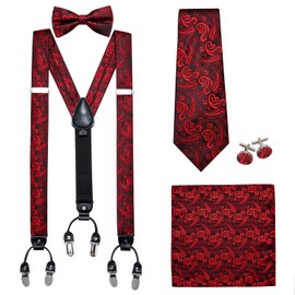 YOHOWA Mens Suspender Bowtie Necktie 6 Clips Strength Adjustable Y Braces Handkerchief Cufflinks Formal Business Wedding