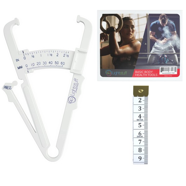 Lightstuff Basic Body Health Tools - Fat Caliper Plus Body Tape Measure - Check Your Fat Percentage and Body Measurements at Home Without Anyone's Help - Body Fat Charts and Instructions Included