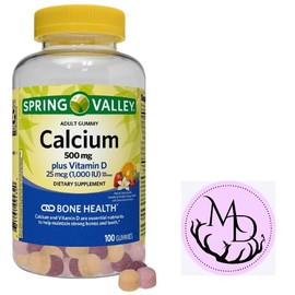 Spring Valley Calcium 500 mg Plus Vitamin D 25 mcg Bone Health Dietary Supplement Gummies, 100 Count + DRI Store Sticker.