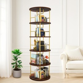 ROCKRAIN 5 Tier Rotating Bookshelf: 360° Spinning Display Shelf with Metal Frame & Wood Shelves - Space Saving Floor Bookcase for Homeowners & Office Workers in Bedroom/Living Room/Office Use