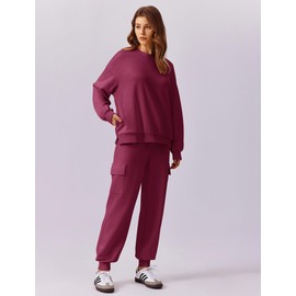 PINSPARK Sweatpants Set for Women Long Sleeve Sweatshirt Crew Neck Cargo Pants with 2 Pockets Stretch Fall Outfits 2025, Hot Pink Medium