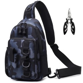 Ydmpro Fishing Sling Bag - Small Fishing Tackle Storage Bags with Rod Holder (Blue Camo)