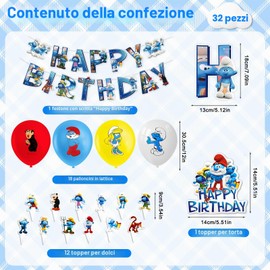 Set di decorazioni per compleanno con puffi, bandierine blu, decorazione di compleanno per bambini, palloncini in stile cartone animato, set di decorazioni di compleanno per bambini, ragazzi, ragazze