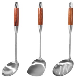 GIWOSK 304 Stainless Steel Wok Utensils Set, 3-Piece 15 Inch Extra Long Professional Wok Tools with Wooden Handle, Includes Spatula, Skimmer & Soup Ladle for Carbon Steel Wok