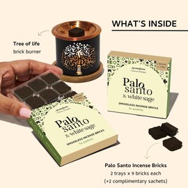 Palo Santo & White Sage Smokeless Incense Bricks & Tree Of Life Burner | 2x9 bricks | Aromatherapy | Essential oils based | Natural Air fresheners for home | Spiritual Smudging Meditation Accessories