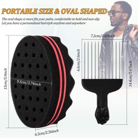 Pack of 2 Hair Brush Sponge and Afro Comb, Black Twist Sponge Brush Twist Wave Barber Tool and Metal Hair Comb Pick for Salon, Dreadlocks, Curls, Waves, Wig, Braiding Hair Comb