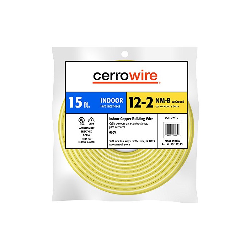 Cerrowire 147-1602A3 15-Feet 12/2 NM-B Solid with Ground Wire, Yellow