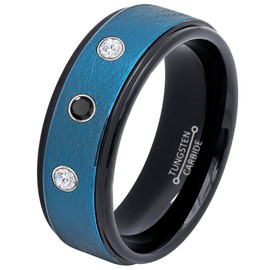 0.21ct Black and White Diamond 3-Stone Tungsten Ring - April Birthstone - 8MM Two-tone Black/Blue-plated Wire Brushed Center Stepped Edge Comfort Fit Unisex Wedding Anniversary Band -15