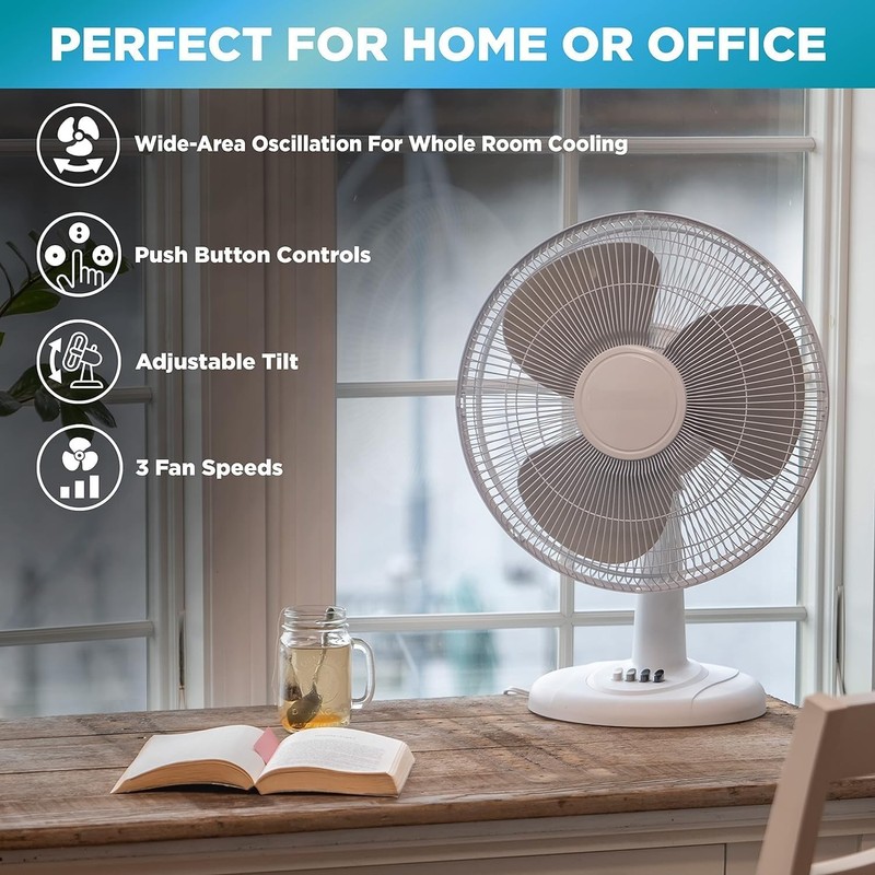 EZ-CHILL 16” Oscillating Table Fan with Adjustable Tilt, Convenient Push
