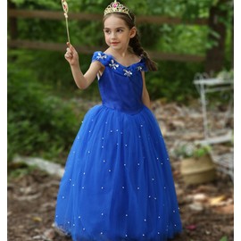 YOSICIL Princess Cinderella Cinderella Costume Dress Fancy Dress with Crown Gloves Fancy Dress Girls Dress Up Cosplay Fancy Party Outfit for Girls, Blue, 110