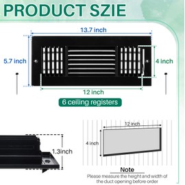 Datanly 6 Pcs Black 12 x 4 Inch Interior Size Air Ceiling Vent Covers 3 Way Sidewall Wall Ceiling Register Air Conditioner Vent Covers Solid Steel HVAC Accessories for Home, Bathroom, Office, Toilet