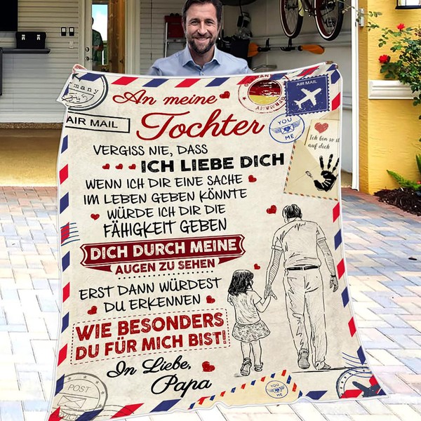 Eracii Personalised Letter Blanket – “An Meine Tochter Decke”, Super Soft Flannel Blanket, Air Mail Letter Deck, Suitable for Summer, Sofa, Travel, Gift for Father's Day (German Language Version)