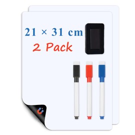 LYZZXI Magnetic Board Fridge A4 Whiteboard Films (Pack of 2), Shopping List Magnetic Fridge, Flexible Magnetic Film, White for Shopping List & Family Notes, Includes Marker, Eraser
