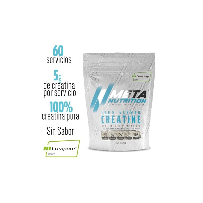 Meta Nutrition, Creatina Monohidratada Alemana Creapure®, 300g, 60 servicios