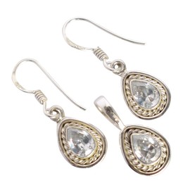 Ravishing Impressions Kristall-Quarz-Stein-Schmuck-Set für Damen, Halskette, Ohrringe, Brautschmuck, Hochzeitsschmuck, Valentinstag, 7x5mm, Edelstein Sterling-Silber, Quartzkristall