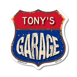 Tony's Garage 6 inch X 6 inch Shield Shaped Commercial Grade Plastic Sign Weather Resistant, UV Protected To last, Gift for Dads and Uncles Classic Americana Crafted in the USA