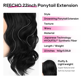 REECHO Ponytail Extension, Drawstring Ponytail Extension Long Wavy Layered Pony Tails Hair Extensions 22inch Natural Fake Ponytail Clip in Synthetic Hairpiece for Women, Natural Black