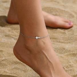 Kyazeo Dainty Cross Ankle Bracelets for Women 18K Gold Plated Tiny Pearl Colorful Beads Beach Summer Simple Foot Jewelry Anklets for Jewelry Gift