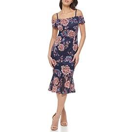 GUESS Women's Off The Shoulder Midi W/Flounced Hem, Navy Multi, 4