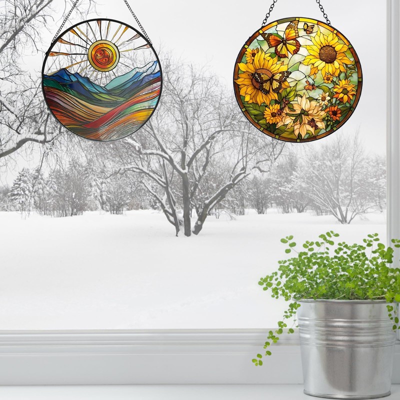2Pcs Stained Window Hanging Sun Catcher Panel Boho Wall Art