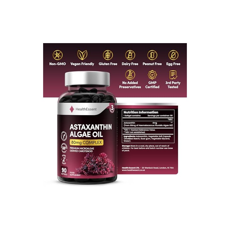 HealthEssent Astaxanthin High Strength Algae Oil 80mg Complex - Microalgae
