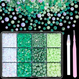 Flatback Nail Pearls and Jelly Resin Rhinestones for Crafting, Multi Sizes Resin Rhinestones and Half Pearls for Bedazzling, Nail Art and Decoration with Tweezer and Pickup Pencil (Green)