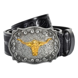 JowTreex Western Leather Buckle Belts - Cowboy Longhorn Bull Pattern Buckle Belt Floral Engraved Buckle Belt for Men Women