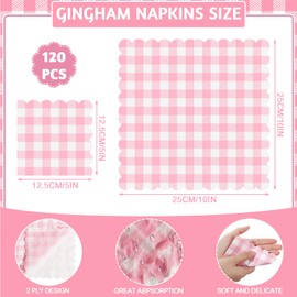 Xiangqu 120 Pcs Pink Gingham Napkins, Pink Baby Shower Napkins Scalloped Cocktail Napkins Disposable Pink Checkered Napkin Plaid Napkins for Valentines, Baby Shower, Tea Party, Picnic, 5 x 5 Inches