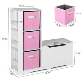 Cowiewie Kids Bookshelf with Reading Nook, Kids Toy Storage Organizers with Safety Hinged Seat, Montessori Wooden Storage Organizer Bench for Bedroom, Playroom and Bedroom (Pink)