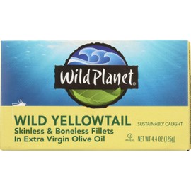 Wild Planet Wild Yellowtail Fillets in Organic Extra Virgin Olive Oil, Skinless & Boneless, Tinned Fish, Sustainably Wild-Caught, Non-GMO, Kosher, Gluten Free, Keto and Paleo, 4.4 Ounce Single Unit