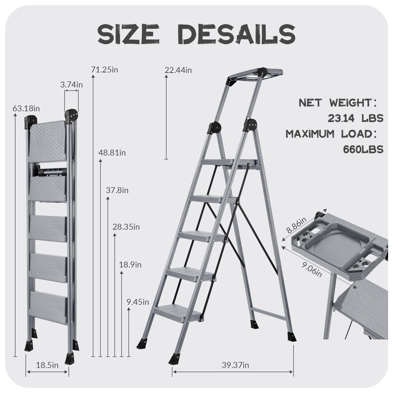 XinSunho 5 Step Ladder, Foldable Step Stool Ladder with Handrails