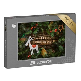 puzzleYOU: Puzzle 48 Pieces "Merry Christmas, Greeting Card with Rustic Wood and Ornaments"