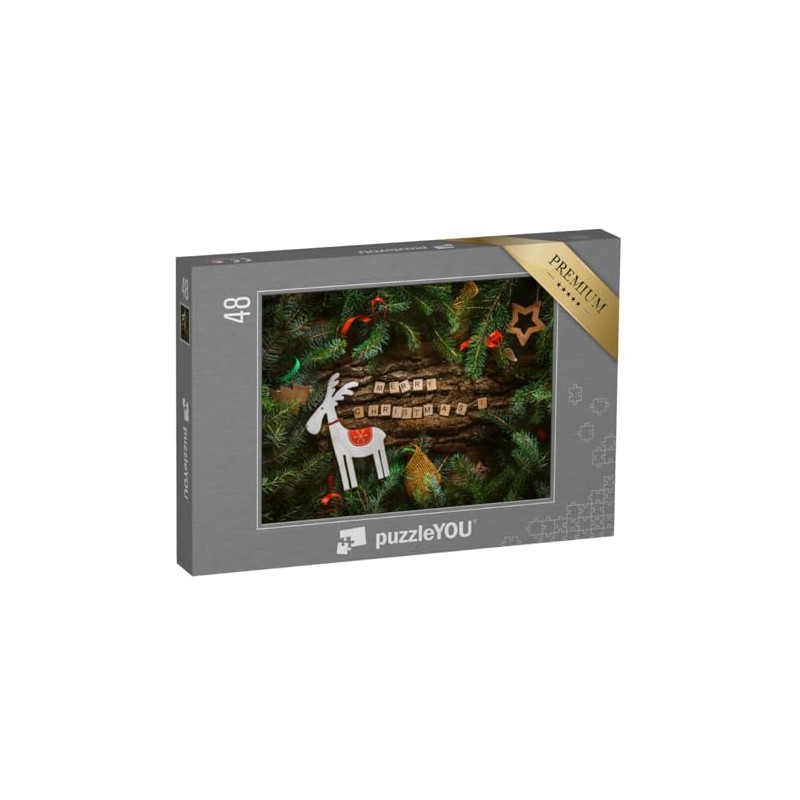 puzzleYOU: Puzzle 48 Pieces "Merry Christmas, Greeting Card with Rustic