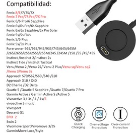 USTIYA Cargador para Garmin Fenix 8 E 7 7X 7s 6 6s 6X Pro Plus 5 5S 5X 5S Plus Forerunner 965/955/945/265/255/245,Vivoactive 3 4 4s,Venu 3/3s/2/sq2,Epix 2 Instinct Smart Watch Cable
